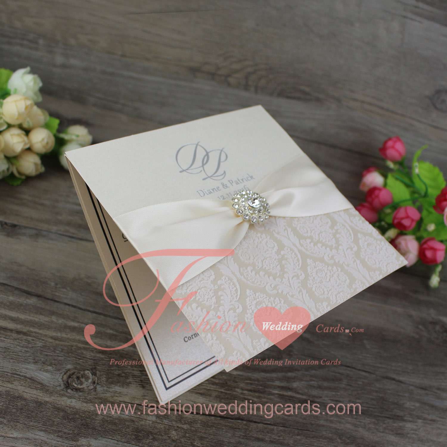 Australia Ivory Flocked Wedding Invitation with Ribbon